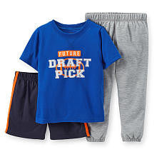 Carter's Boys "Future Draft Pick" 3 Piece Pajama Set with Blue Short Sleeve Top, Grey Pant and Navy Short - Toddler