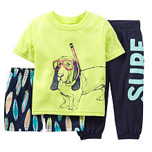 Carter's Boys Scuba Dog 3 Piece Poly Pajama Set with Yellow Short Sleeve Top, Navy Terry Pant and Printed Short