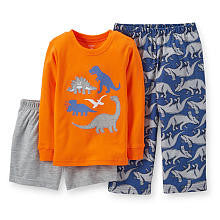 Carter's Boys Dinosaur 3 Piece Pajama Set with Orange Long Sleeve Top, Navy Printed Pant and Grey Short - Toddler