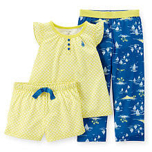 Carter's Girls 3 Piece Poly Pajama Set with Yellow Printed Top, Matching Short and Navy Sail Boat Printed Pant - Toddler