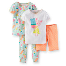 Carter's Girls 4 Piece Cotton Pajama with White Glitter Screen Print Short Set and Popsicle Printed Pant Set