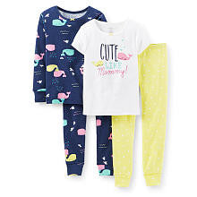 Carter's Girls 4 Piece Cotton Pajama with "Cute Like Mommy" and Whale Printed Tops with Matching Pant Sets - Toddler