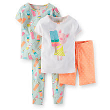 Carter's Girls 4 Piece Cotton Pajama with White Glitter Screen Print Short Set and Popsicle Printed Pant Set - Toddler