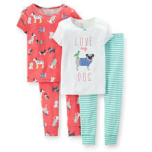 Carter's Girls 4 Piece Cotton Pajama with White "Love My Dog" and Dog Printed Tops with Matching Pant Sets