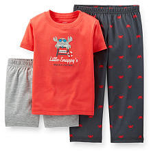 Carter's Boys "Little Snappy's" Crab 3 Piece Pajama Set with Orange Top, Brown Printed Pant and Grey Short - Toddler