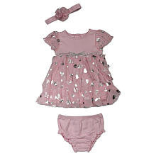 Truly Scrumptious Girls 3 Piece Pink Foil Polka Dot Dress with Diaper Cover and Matching Headwrap with 3D Rosette Detail