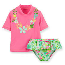 Carter's Girls 2 Piece Pink Faux Lei Print Short Sleeve Rash Guard and Bottom Swimwear Set