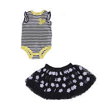 Truly Scrumptious Girls 2 Piece Black/White Striped Short Sleeve Bodysuit and Black Daisy Print Skirt Set