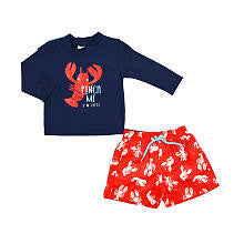 Carter's Boys 2 Piece Navy Lobster "Pinch Me I'm Cute" Long Sleeve Rash Guard and Printed Swim Trunks Set