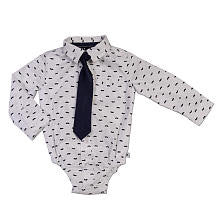 Truly Scrumptious Boys White Printed Button Down Bodysuit with Tie- Infant/Toddler