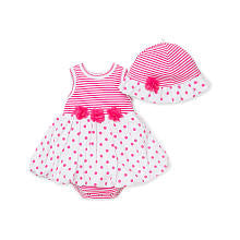 Little Me Girls 2 Piece Pink/White Mixed Print Bodysuit Dress with Flower Detail and Matching Hat Set