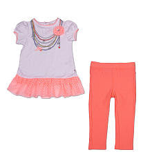 Truly Scrumptious Girls 2 Piece White Drop Waist Faux Necklace Print Short Sleeve Top and Pink Faux Denim Legging Set