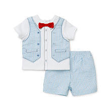 Little Me Boys 2 Piece Faux Shirt and Light Blue Seersucker Vest with Bow Tie Top and Light Blue Seersucker Shorts Set