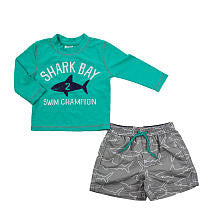 Carter's Boys 2 Piece Blue "Shark Bay" Long Sleeve Rash Guard and Printed Swim Trunks Set- Infant/Toddler