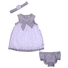 Truly Scrumptious Girls 3 Piece Light Grey Empire Waist Diasy Print Sleeveless Dress, Flower Headband and Diaper Cover