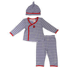 Truly Scrumptious Boys 3 Piece Navy Striped Asymetrical Snap Long Sleeve Top, Matching Pant and Hat Take Me Home Set