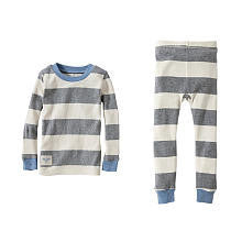 Burt's Bees Baby Boys Organic 2 Piece Light Grey Rugby Striped Long Sleeve Top and Pant Pajama Set- Toddler