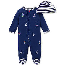 Little Me Boys 2 Piece Navy Embroidered Sailboat Printed Footie with Stripe Accent and Matching Hat Set