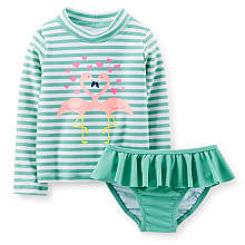 Carter's Girls 2 Piece Light Green Striped Flamingo Print Long Sleeve Rash Guard and Bottom Swimwear Set- Infant/Toddler