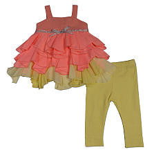 Truly Scrumptious Girls 2 Piece Pink/Yellow Tiered Tank Top Tunic with Glitter Bow Belt and Legging Set