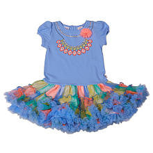 Truly Scrumptious Girls Light Blue Faux Necklace Print Short Sleeve Multi Colored Tutu Dress- Infant/Toddler