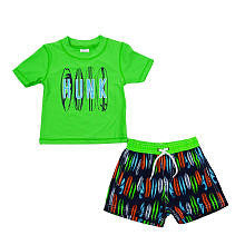 Carter's Boys 2 Piece Green "Hunk" Surfboard Print Short Sleeve Rash Guard and Printed Swim Trunks Set- Infant/Toddler