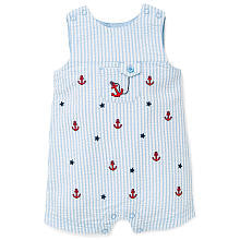 Little Me Boys Light Blue Seersucker Anchor/Star Embroidered Nautical Sunsuit with Front Pocket