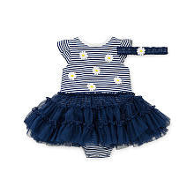 Little Me Girls 2 Piece Navy/White Striped Daisy Printed Flutter Sleeved Bodysuit and Headband Set