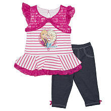 Disney Frozen Girls 2 Piece Pink/White Striped "Love will Thaw a Frozen Heart" Peplum Top and Legging Set- Toddler