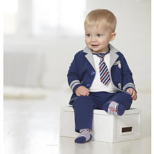 Truly Scrumptious Boys 3 Piece White Faux Tie Short Sleeve Bodysuit,Navy Button Down Jacket and Pat Set