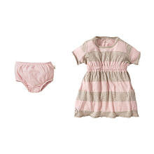 Burt's Bees Baby Girls Organic Pink/Khaki Rugby Stripe Empire Wasit Short Sleeve Dress with Diaper Cover