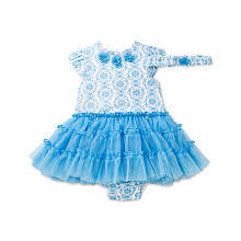 Little Me Girls 2 Piece Blue Printed Tulle Skirt Bodysuit Dress and Matching Headwrap