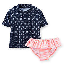 Carter's Girls 2 Piece Navy Anchor Print Short Sleeve Rash Guard and Striped Skirted Bottom Swimwear Set- Infant/Toddler