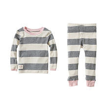 Burt's Bees Baby Girls Organic 2 Piece Light Grey Rugby Striped Long Sleeve Top and Pant Pajama Set- Toddler