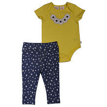 Truly Scrumptious Girls 2 Piece Yellow Faux Daisy Necklace Short Sleeve Bodysuit and Faux Denim Printed Pant Set