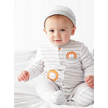 Little Me Boys 2 Piece Grey Striped Embroidered Lion Footie and Matching Hat set