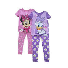 Disney Girls 4 Piece Pink Minnie Mouse and Purple Daisy Duck Short Sleeve Tops and Matching Pants Pajama Sets- Toddler