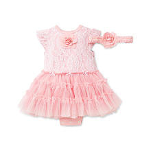 Little Me Girls 2 Piece Light Pink Lace with Tulle Skirt Bodysuit Dress with Matching Headwrap