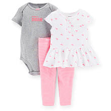 Carter's Girls 3 Piece "Daddy's Sunshine" Short Sleeve Bodysuit, White Flamingo Print Henley Top and Striped Legging Set