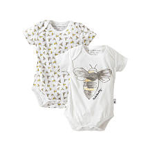 Burt's Bees Baby Boys Organic 2 Pack White All Over Bee Print and Bee Graphic Short Sleeve Lap Shoulder Bodysuits