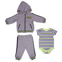 Truly Scrumptious Boys 3 Piece Lime/Grey Striped Short Sleeve Bodysuit, Grey Zip Up Terry Hoodie and Grey Terry Pant Set