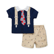 Little Me Boys Navy Short Sleeve Suspender Shirt and Anchor Print Shorts Set