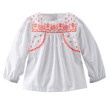 baby B'gosh Girls White Empire Waist Long Sleeve Top with Coral Neckline Accent