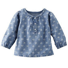 baby B'gosh Girls Printed Blue Denim Chambray Long Sleeve Top with Clinched Cuffs