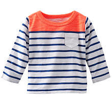 baby B'gosh Boys Blue Striped Front Pocket Long Sleeve T Shirt with Orange Color Block Neck