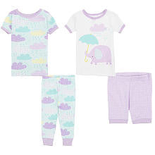 Koala Kids Girls 4 Piece Blue/Lavender Rainy Day Elephant Pajama Set with 2 Short Sleeve Shirts, Pants and Shorts