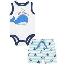 Koala Baby Boys 2 Piece White/Blue 'Lil' Squirt' Whale Sleeveless Bodysuit and Printed Shorts Playwear Set