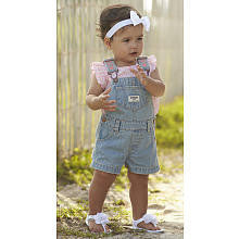 OshKosh Girls Blue Denim Shortall with Pink Flower Accent