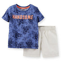 Carter's Boys 2 Piece Blue Printed T Shirt with "Handsome" Screen Print and Khaki Woven Short Set