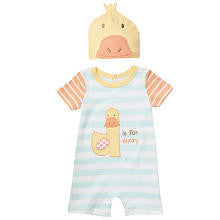 Koala Baby Neutral 2 Piece Blue/Orange 'D is For Ducky' Striped Romper and Hat Layette Set